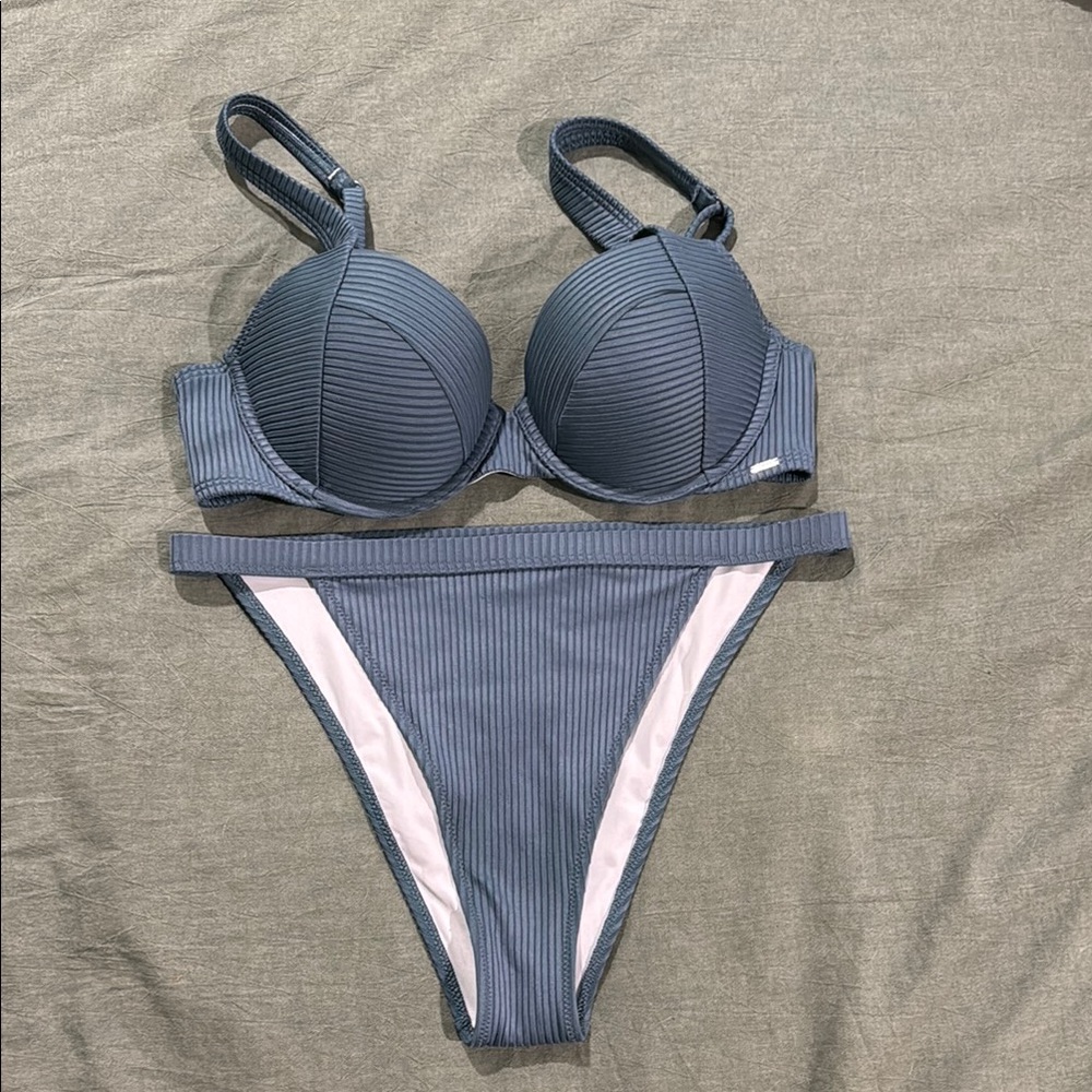 PINK Victoria's Secret Ribbed Blue Bikini Set